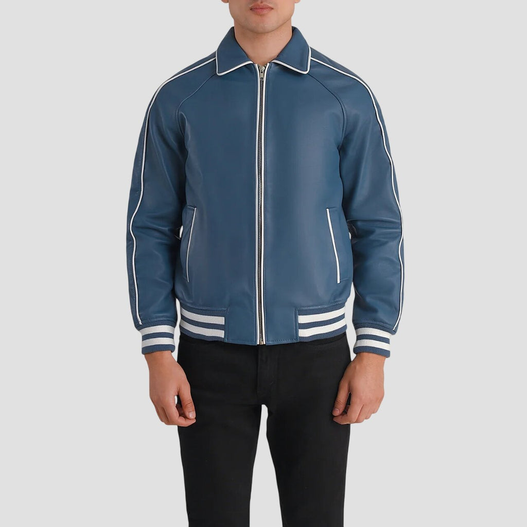 Men Light Blue Leather Varsity Jacket