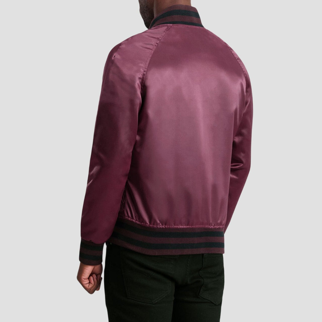 Men Maroon Satin Varsity Bomber Jacket