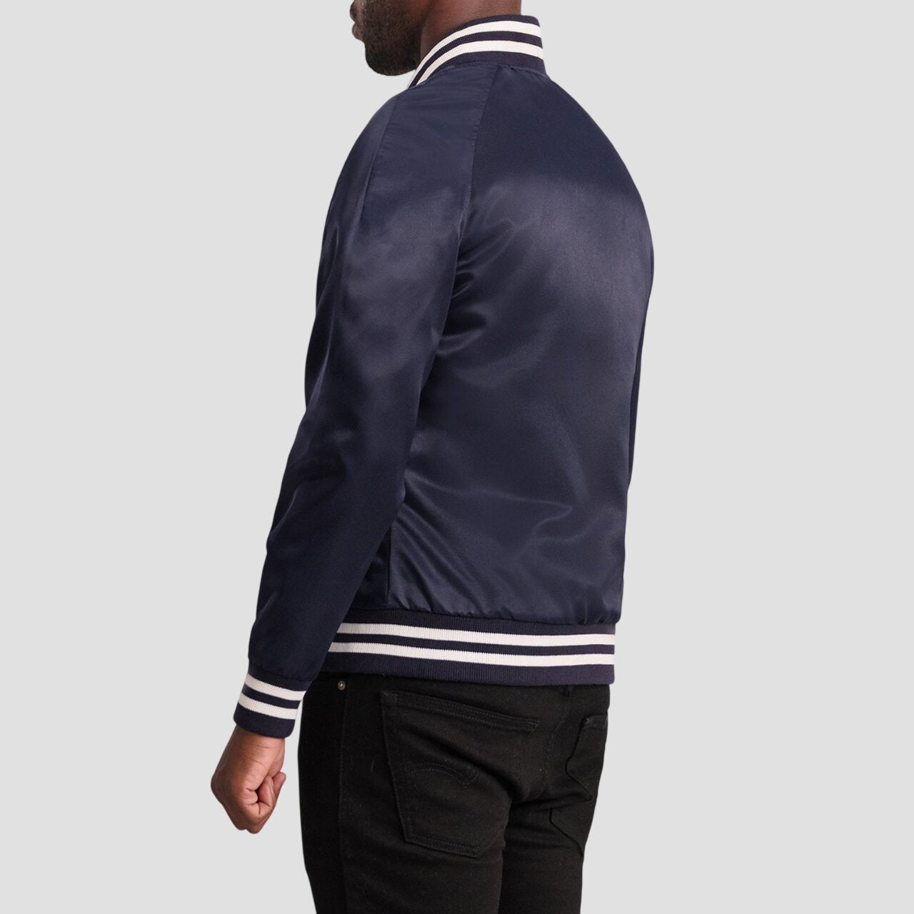 Men Navy Blue Satin Varsity Jacket