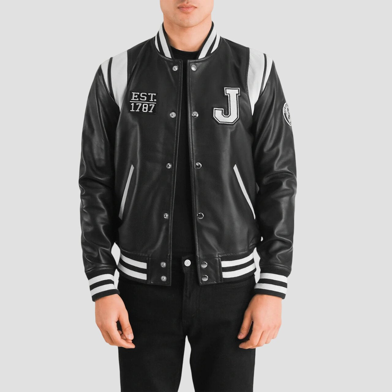 Men New Jersey Black Genuine Leather Varsity Jacket