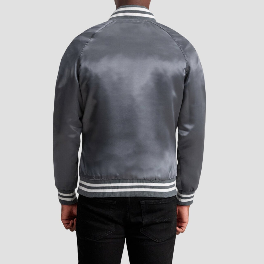 Men Premium Grey Satin Varsity Bomber Jacket