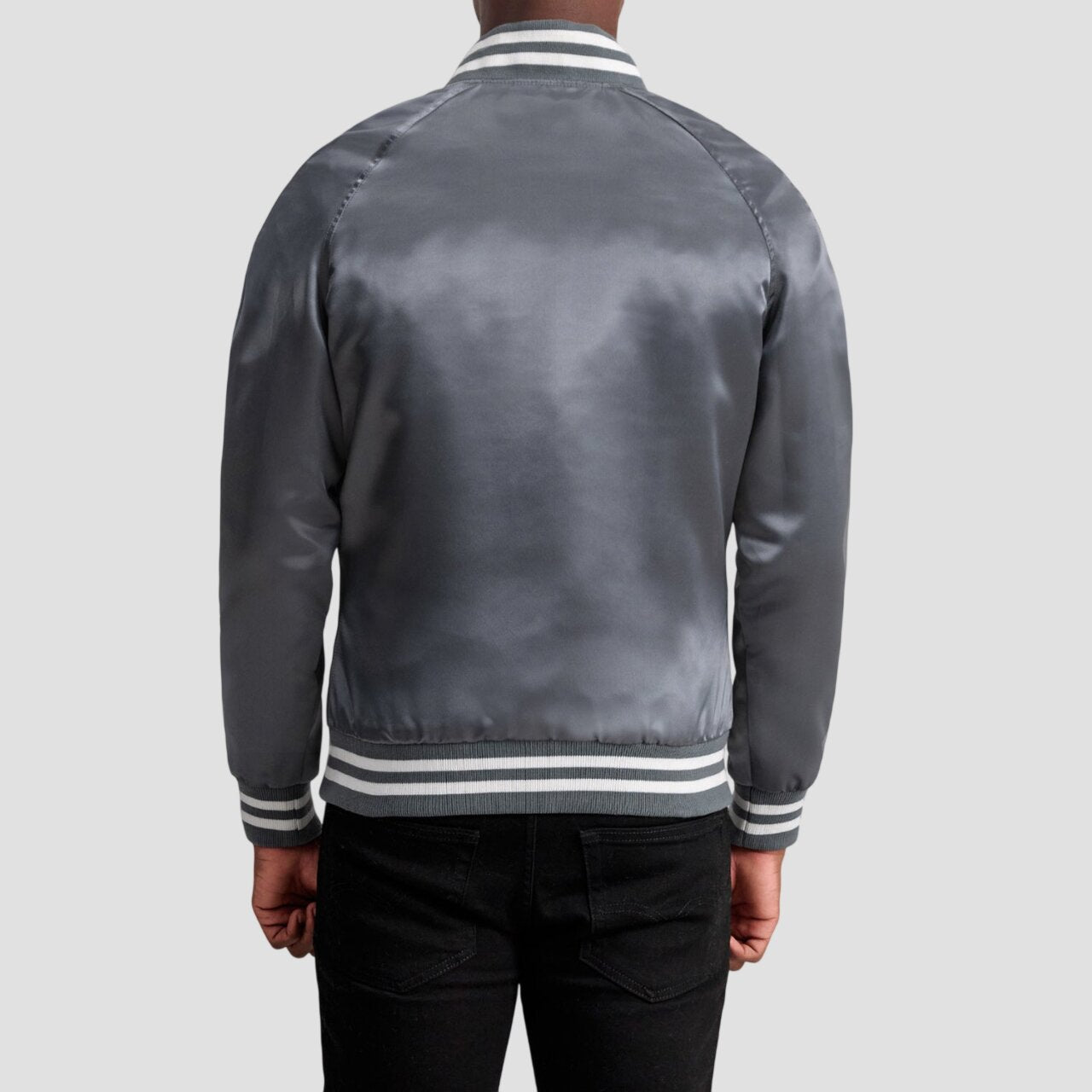 Men Premium Grey Satin Varsity Bomber Jacket