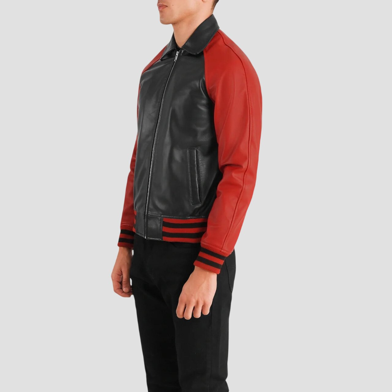 Men Stylish Black and Red Leather Varsity Jacket