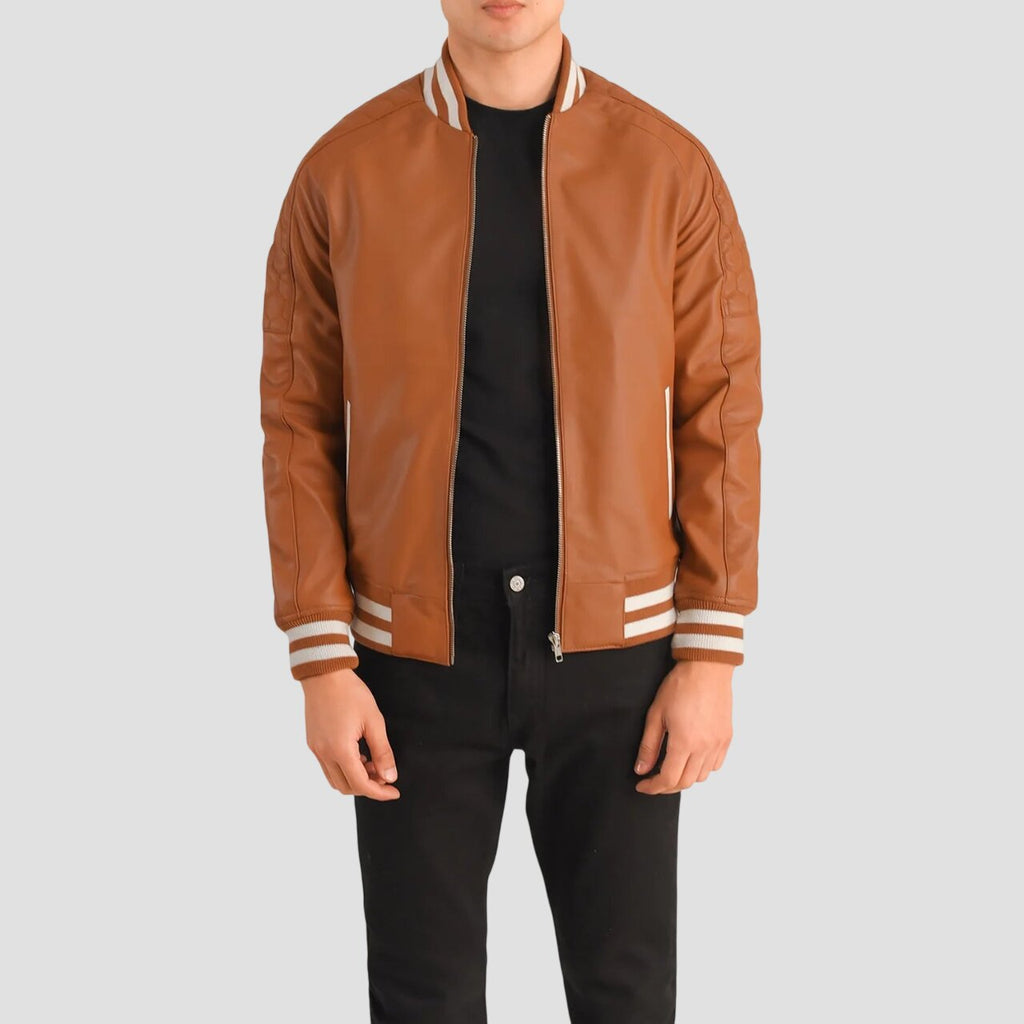 Men Tan Brown Genuine Leather Varsity Jacket