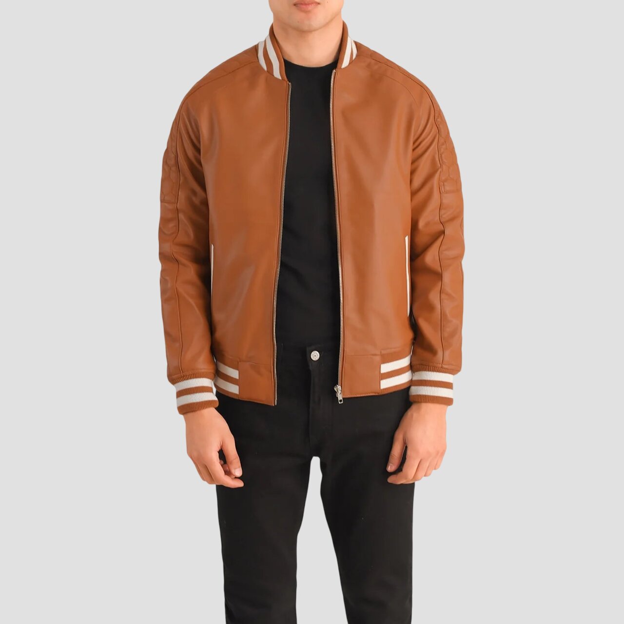 Men Tan Brown Genuine Leather Varsity Jacket