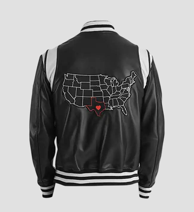 Men Texas Black Real Leather Varsity Jacket