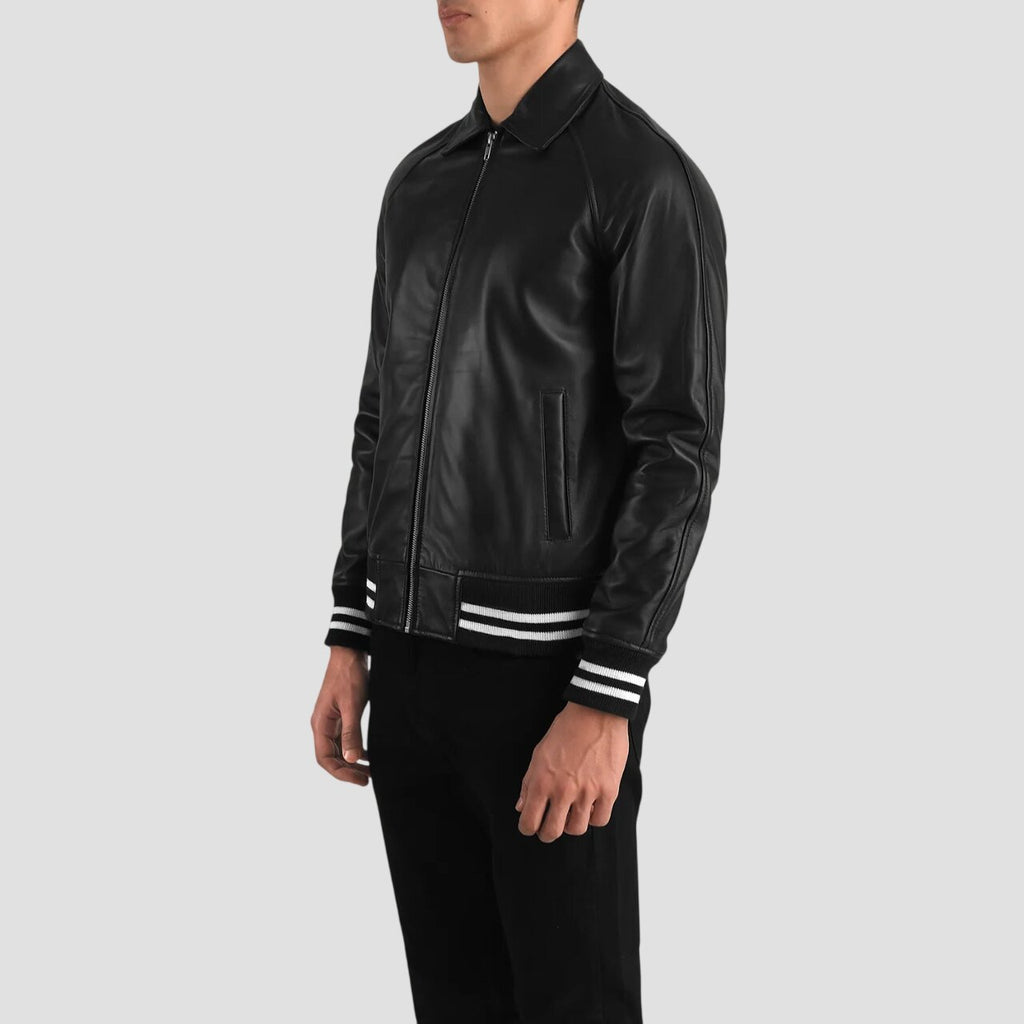 Men Timeless Black Leather Varsity Jacket