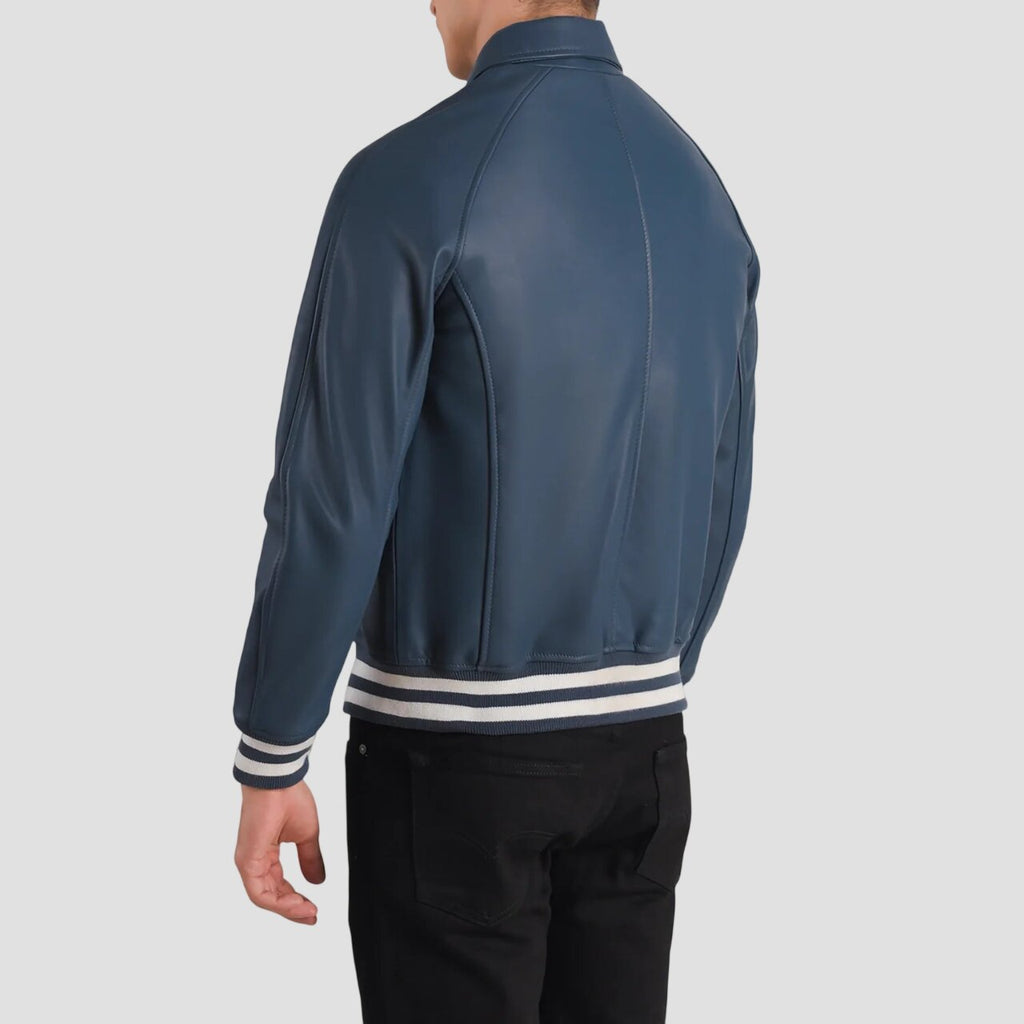 Men Trendy Light Blue Leather Varsity Jacket