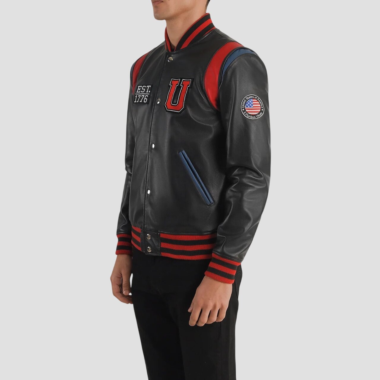 Men USA Black and Red Leather Varsity Jacket