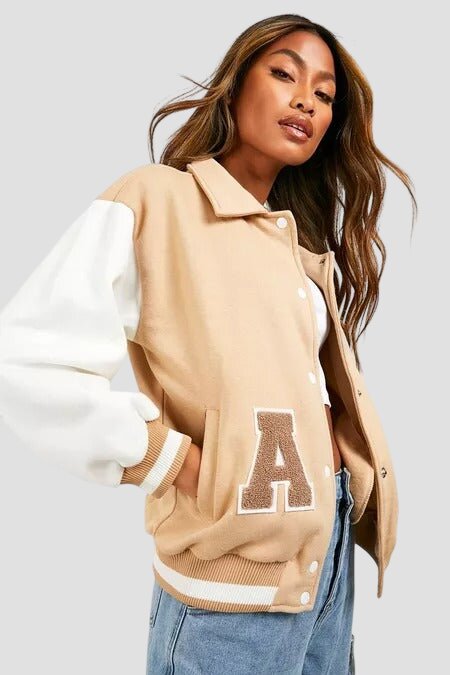 Women Beige and White Varsity Jacket