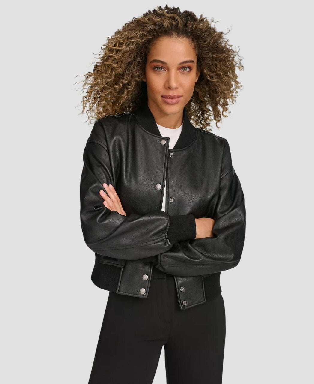 Women Black Leather Varsity Bomber Jacket