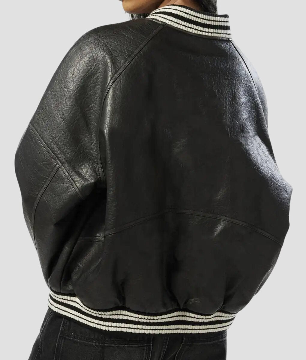 Women Black Oversized Leather Varsity Jacket
