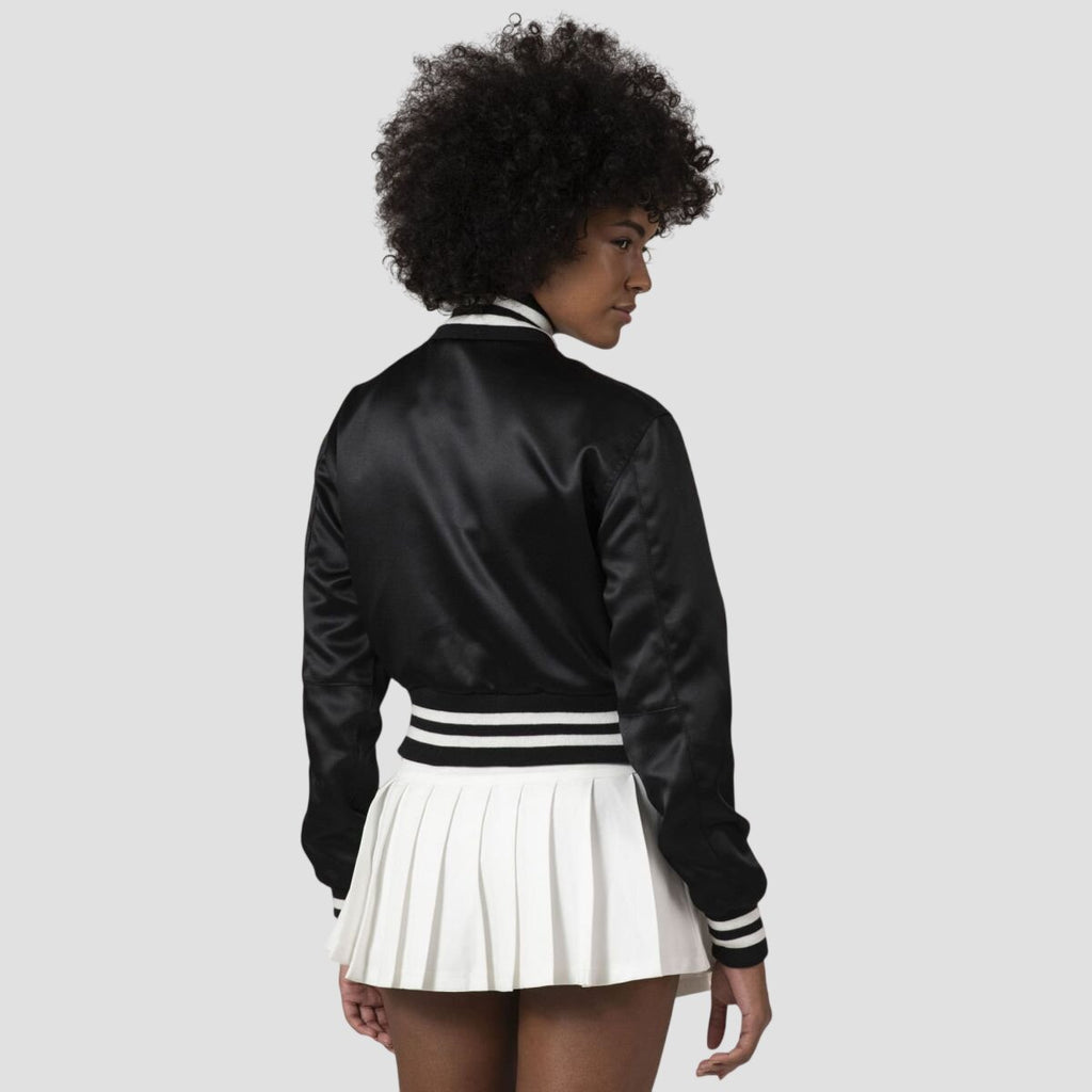 Women Black Satin Cropped Varsity Jacket