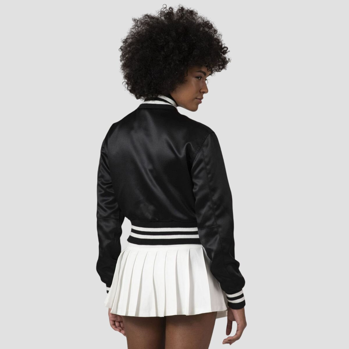 Women Black Satin Cropped Varsity Jacket