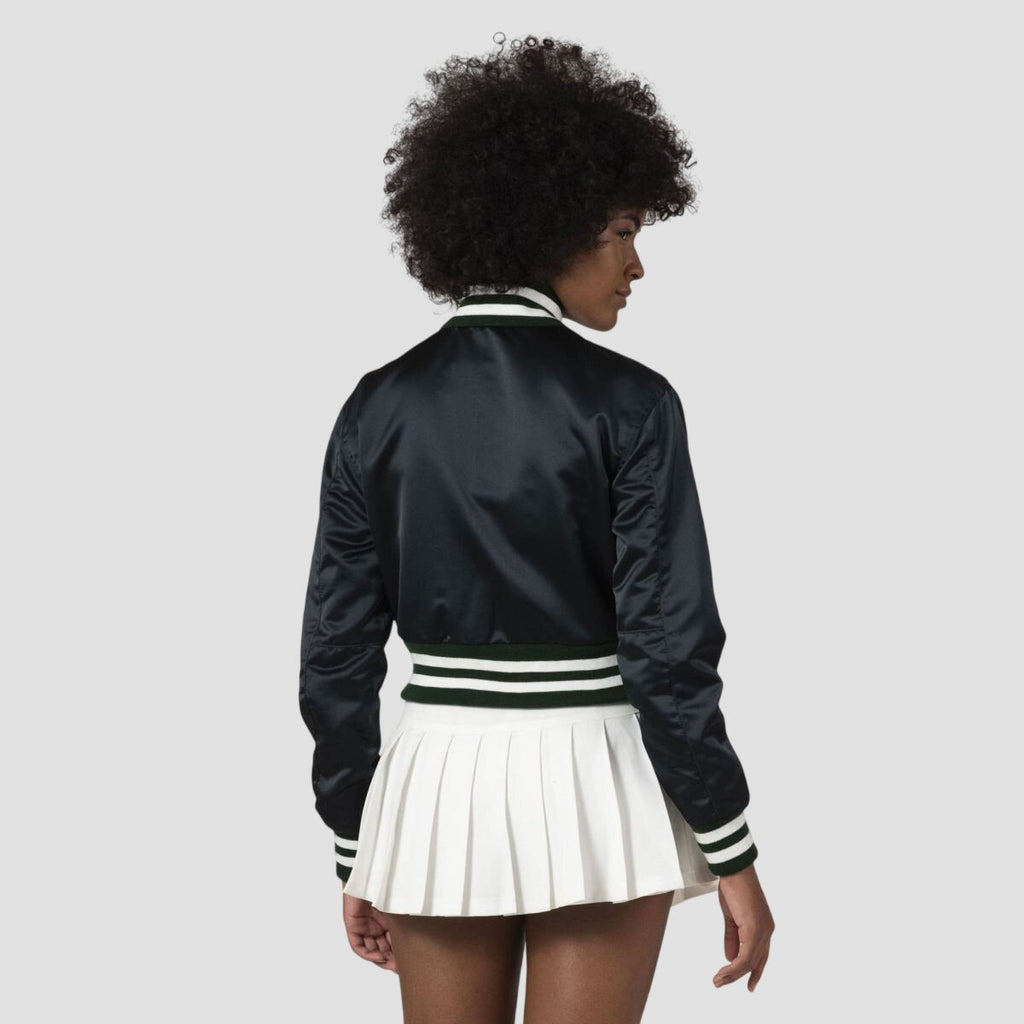 Women Black and Green Satin Crop Top Varsity Jacket