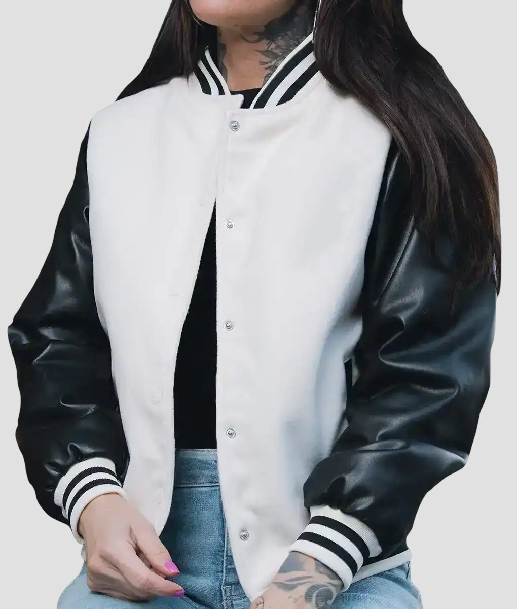 Women Black and White Leather Varsity Jacket