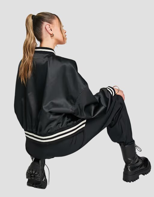 Women Classic Black Satin Varsity Jacket
