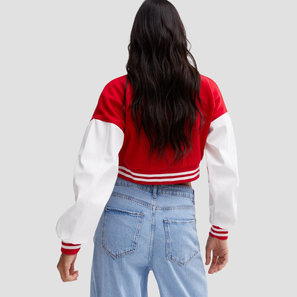 Women Classic Red and White Cropped Varsity Jacket