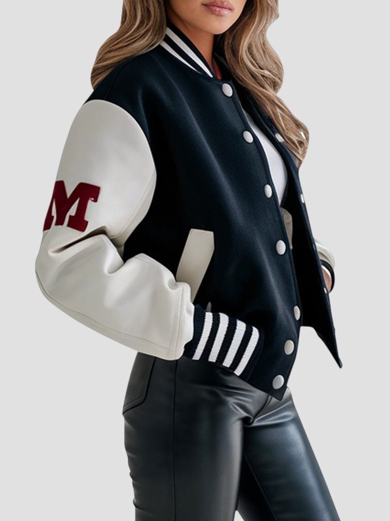 Women Cropped Black and White Varsity Jacket