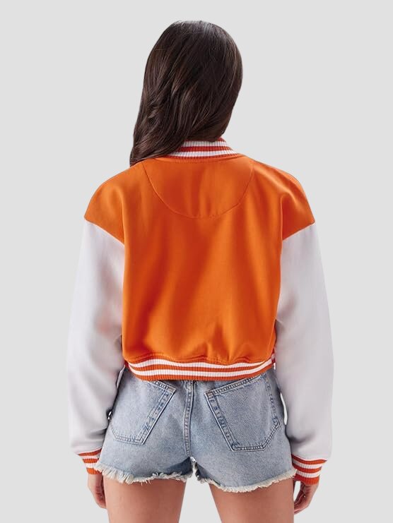 Women Cropped Orange Varsity Jacket with White Leather Sleeves