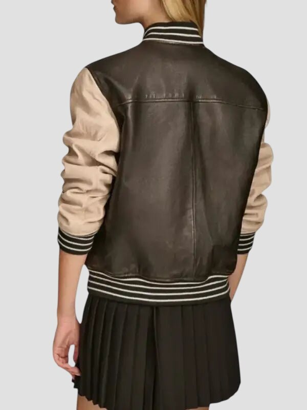 Women Dark Brown and Beige Leather Varsity Jacket