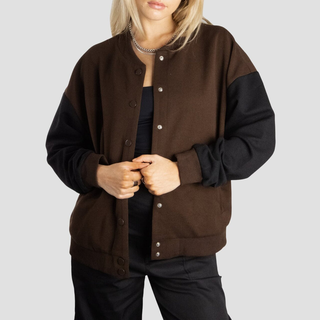 Women Dark Brown and Black Oversized Varsity Jacket