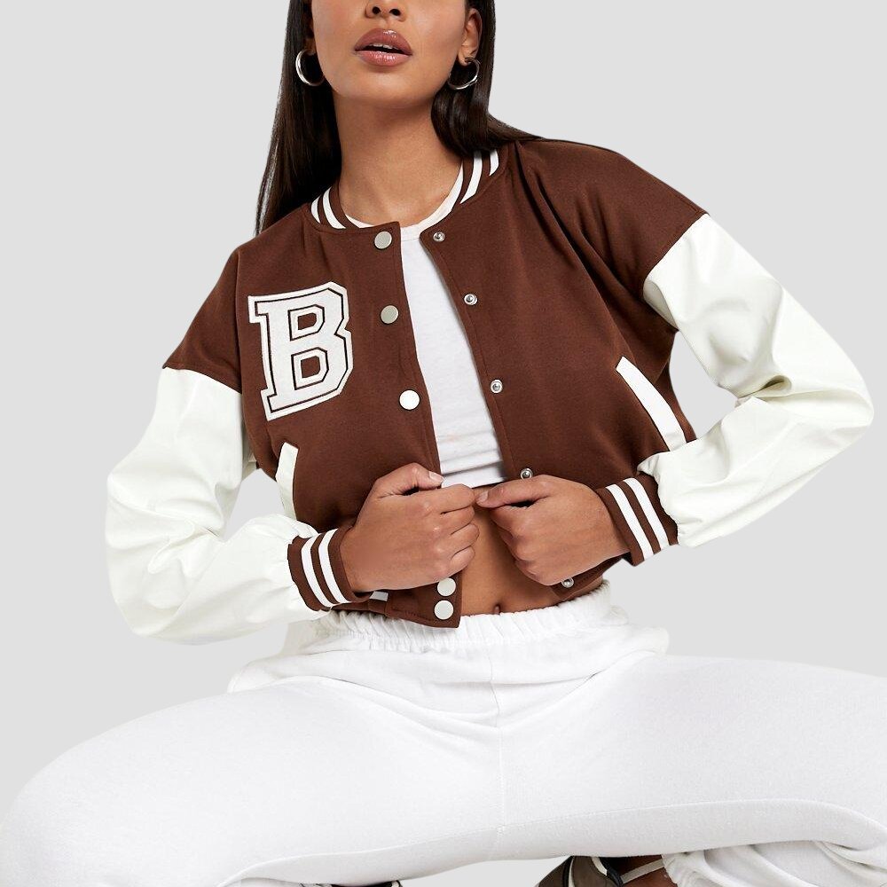 Women Dark Brown and White Cropped Varsity Jacket