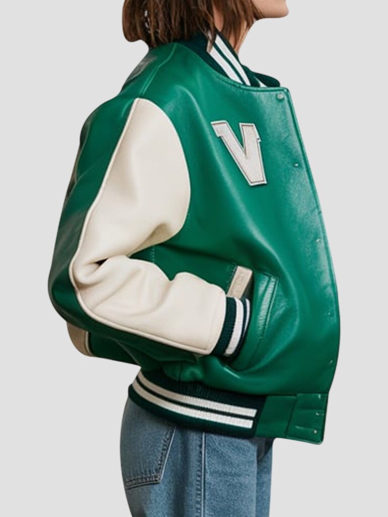 Women Green Leather Varsity Jacket with Cream Sleeves