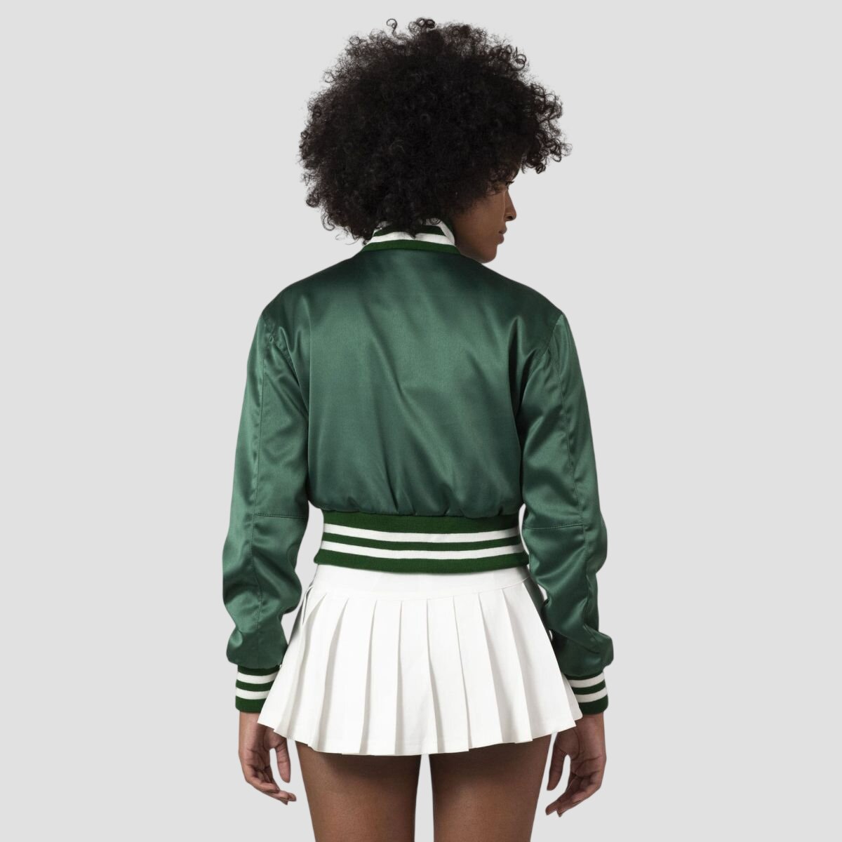 Women Green Satin Crop Top Varsity Jacket