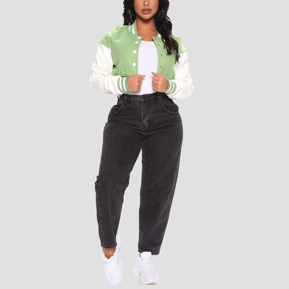 Women Light Green and White Cropped Varsity Jacket