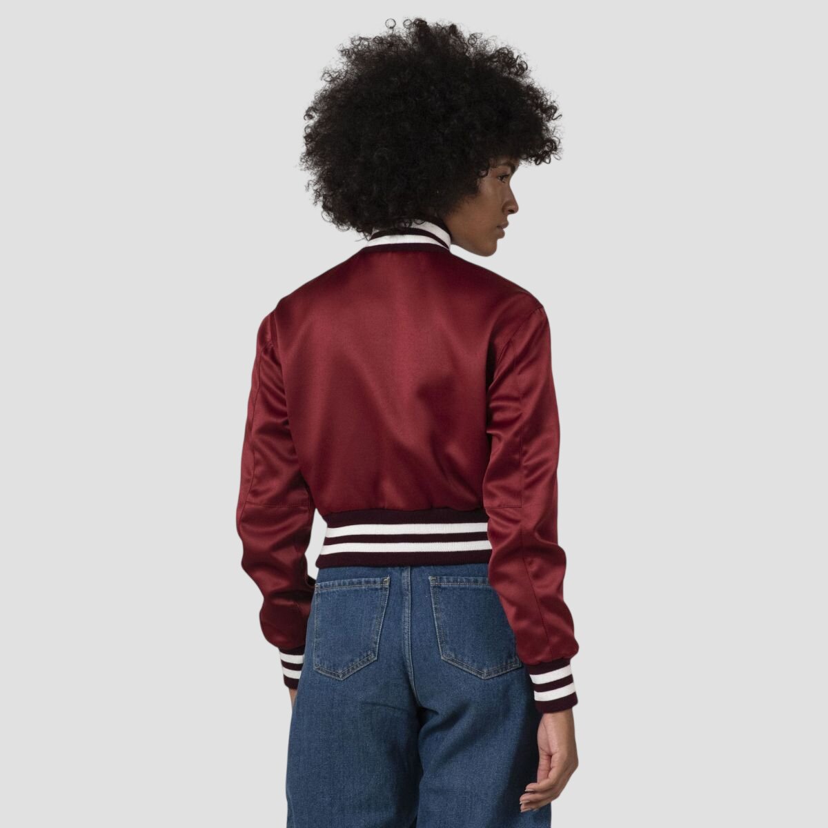 Women Maroon Satin Cropped Varsity Jacket