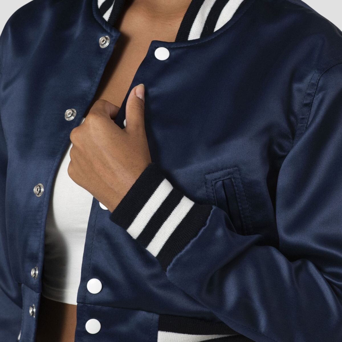 Women Navy Blue Satin Cropped Varsity Jacket