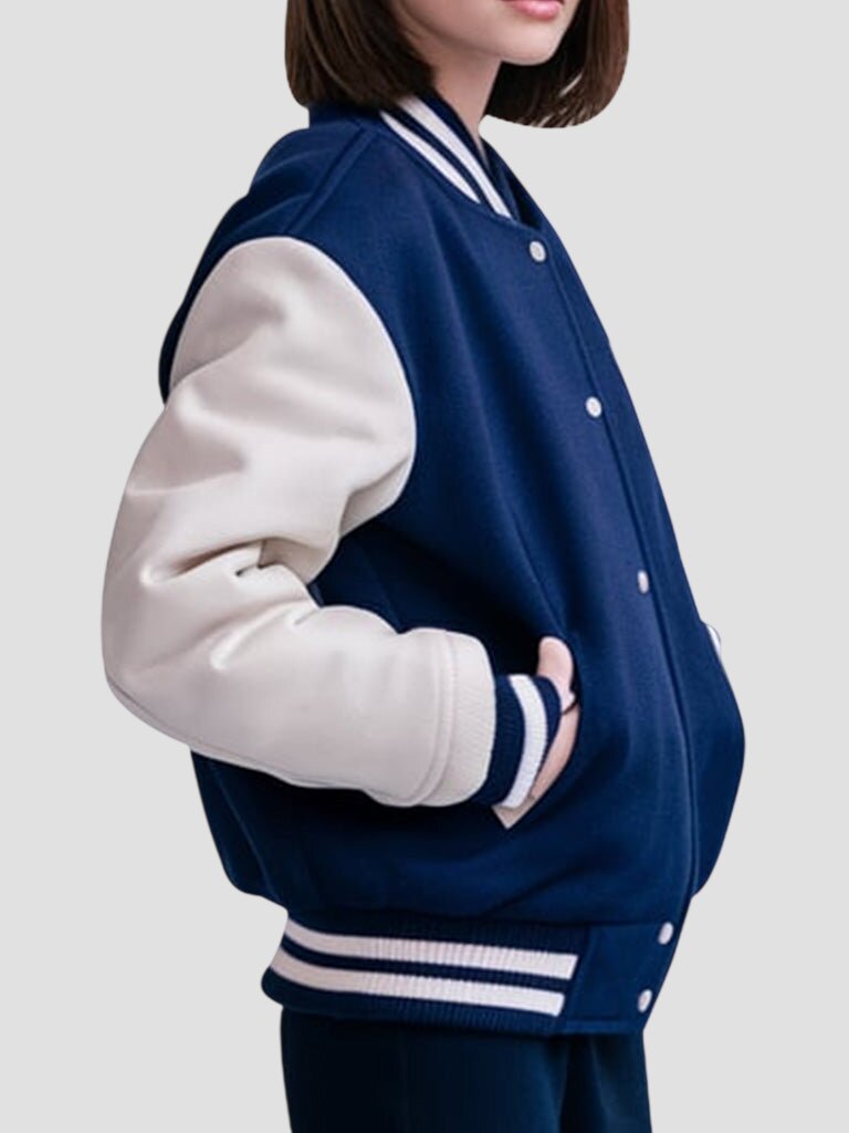 Women Navy Blue Varsity Jacket with White Sleeves