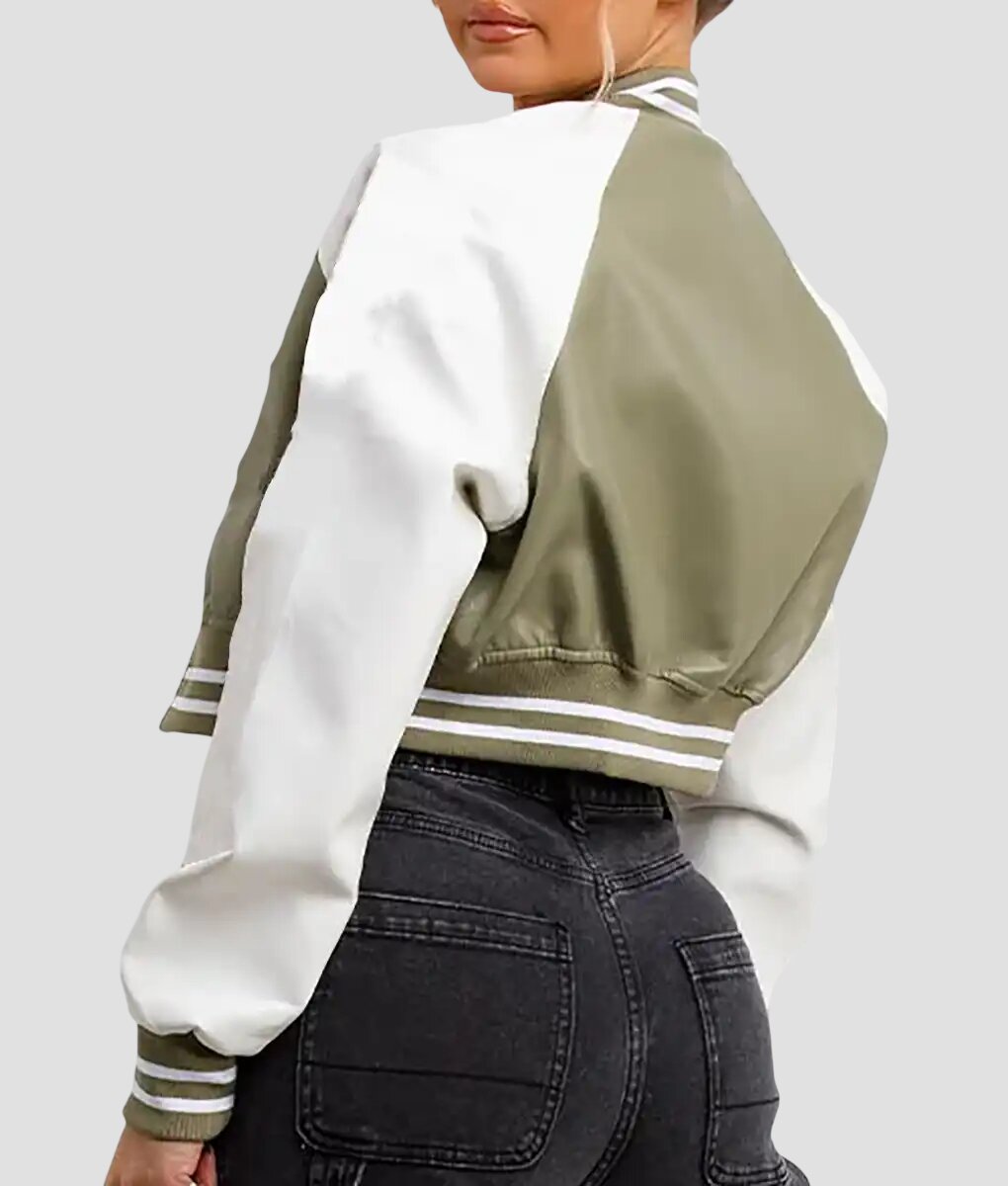 Women Olive Green and White Leather Varsity Jacket