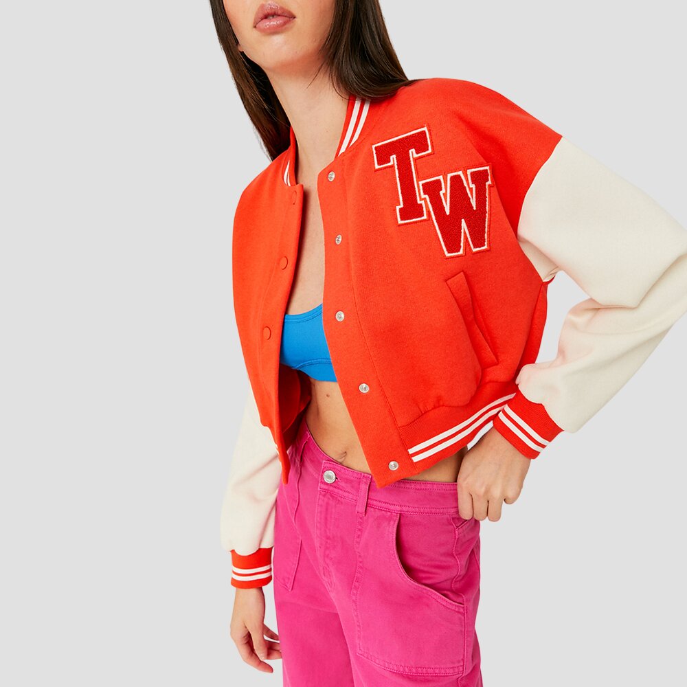 Women Orange and White Cropped Varsity Jacket