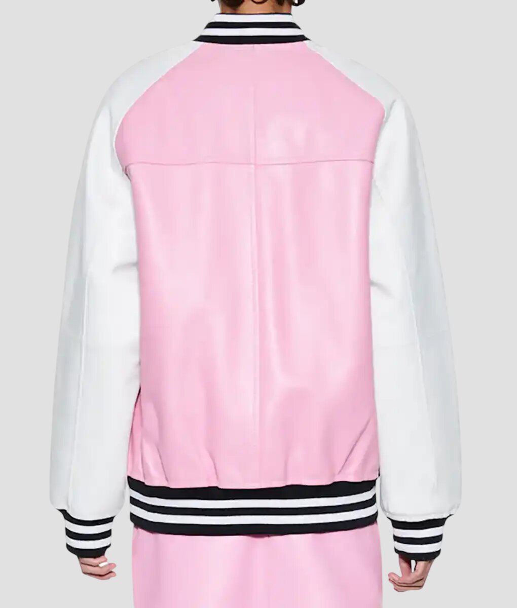 Women Oversized Pink and White Leather Varsity Jacket