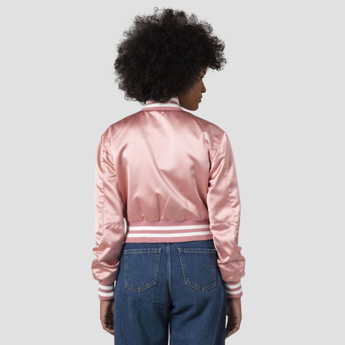 Women Pink Satin Cropped Varsity Jacket