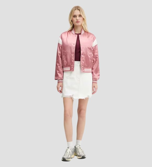 Women Pink and White Satin Varsity Jacket