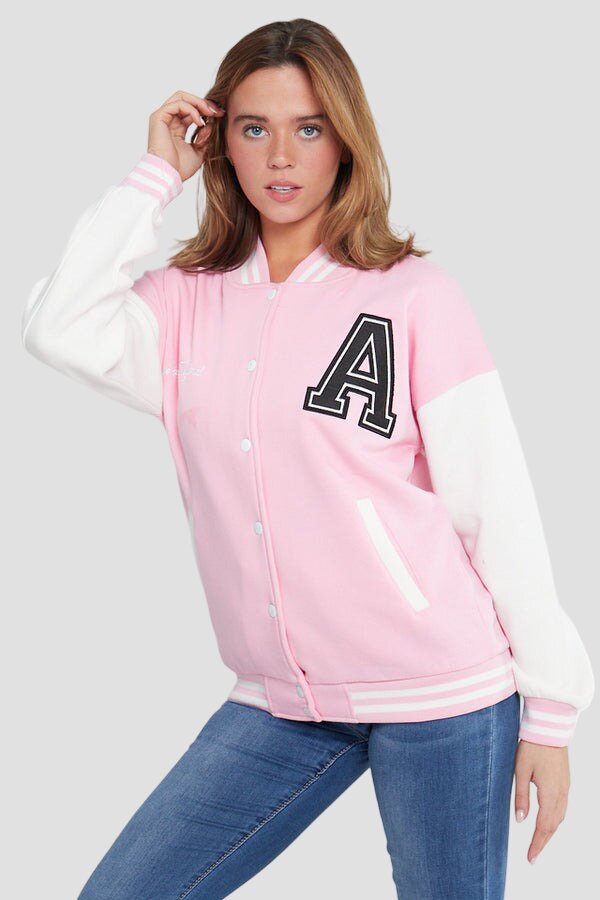 Women Pink and White Varsity Jacket