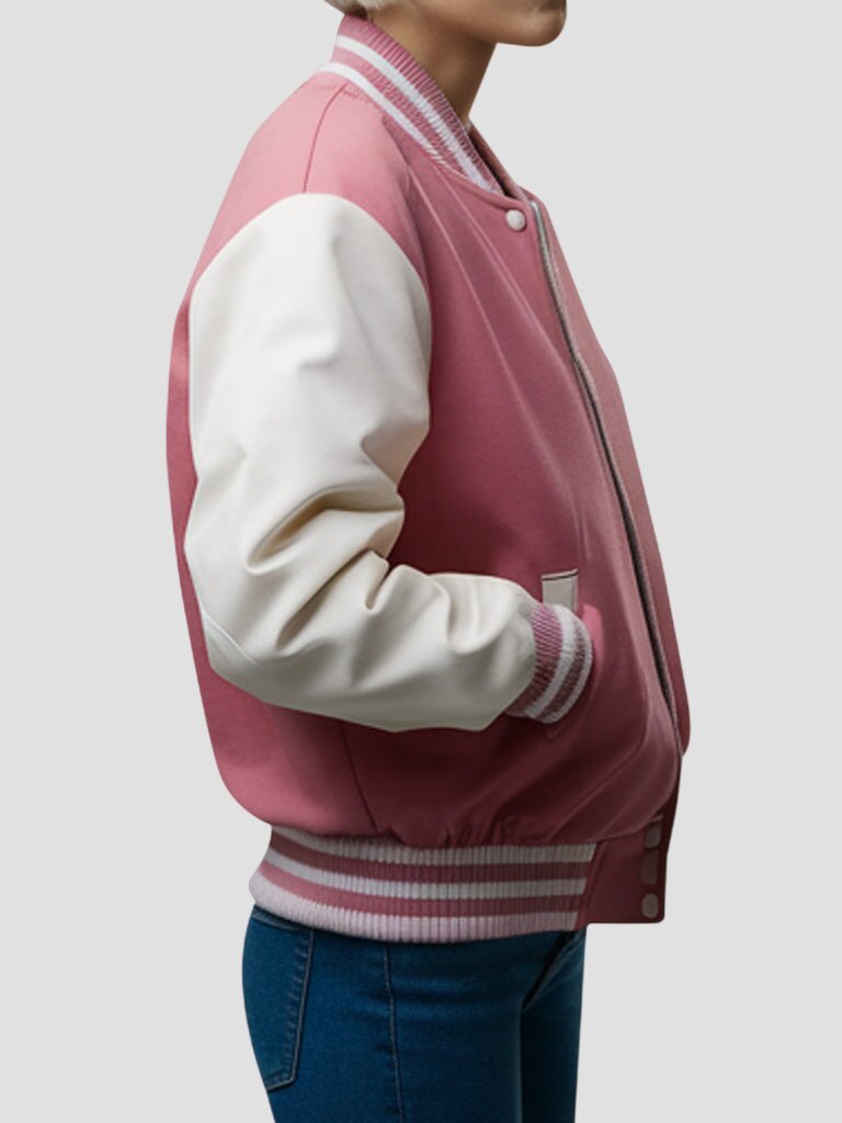 Women Premium Pink and White Varsity Bomber Jacket