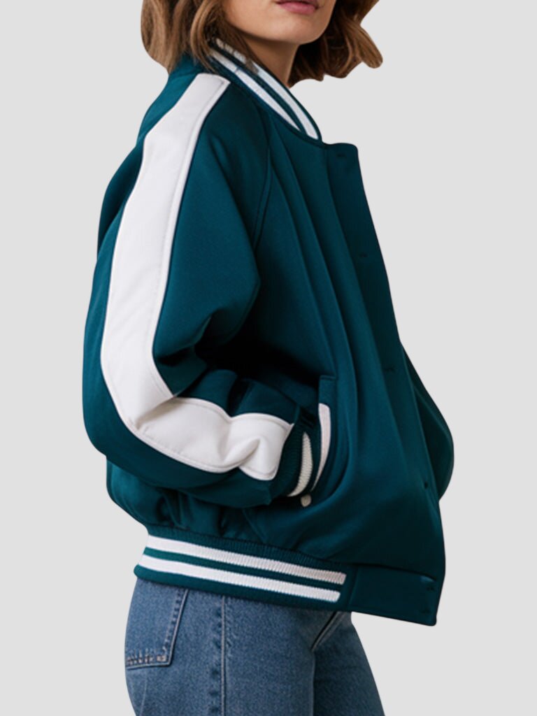 Women Premium Teal and White Varsity Jacket