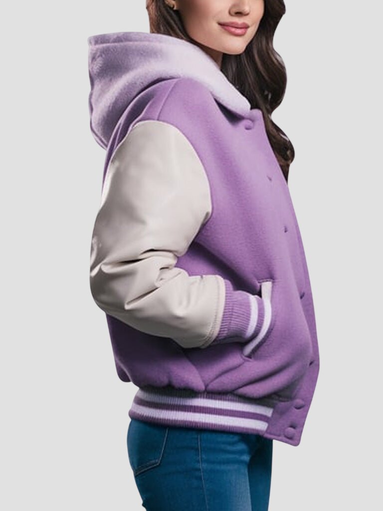 Women Purple Hooded Varsity Jacket with White Leather Sleeves