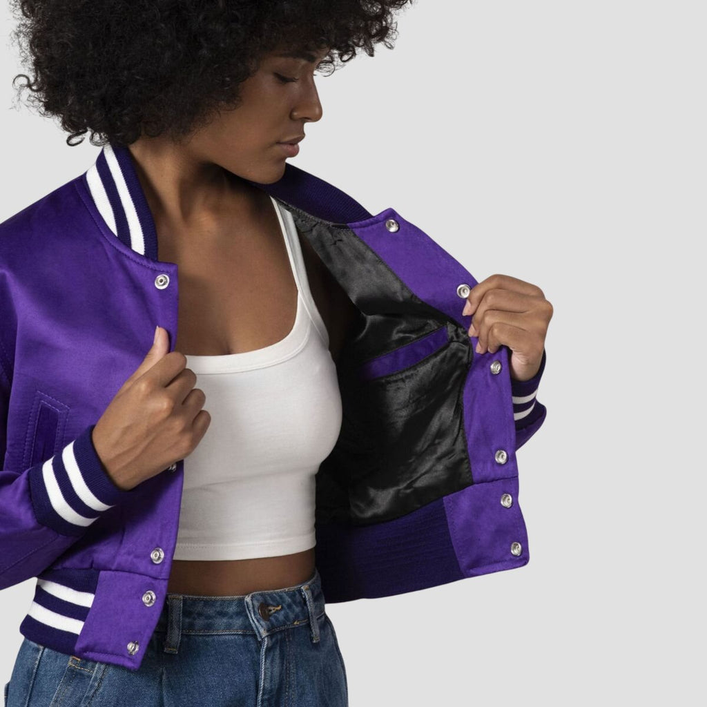 Women Purple Satin Cropped Varsity Jacket