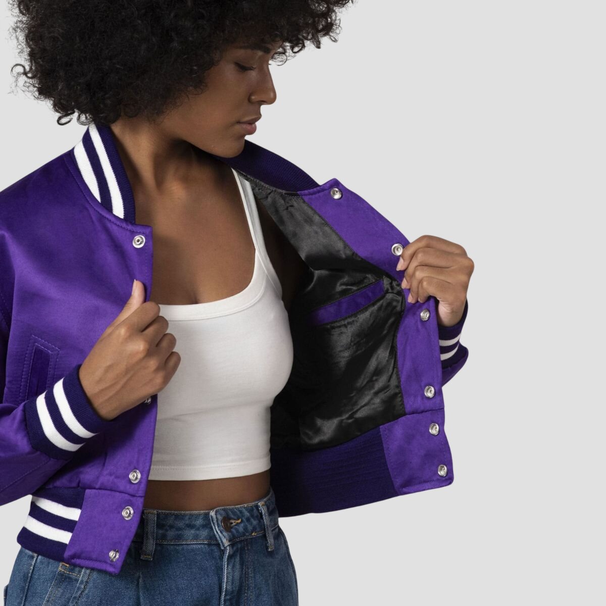 Women Purple Satin Cropped Varsity Jacket