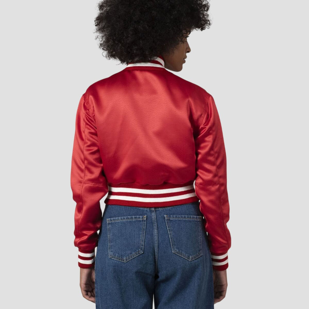 Women Red Satin Cropped Varsity Jacket