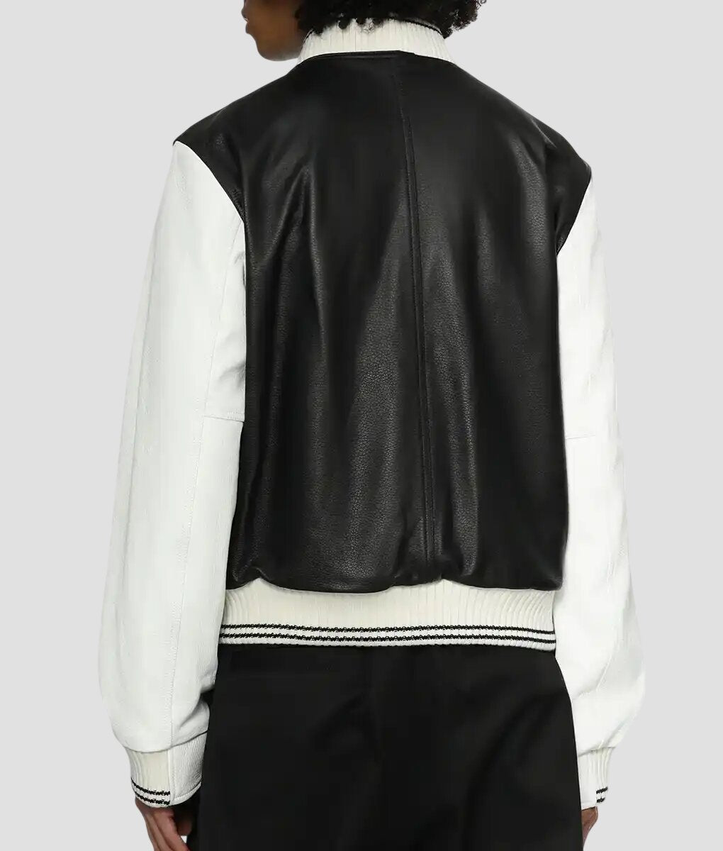 Women Stylish Black and White Leather Varsity Jacket