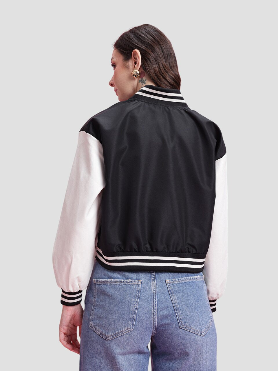 Women Trendy Black and White Cropped Varsity Jacket