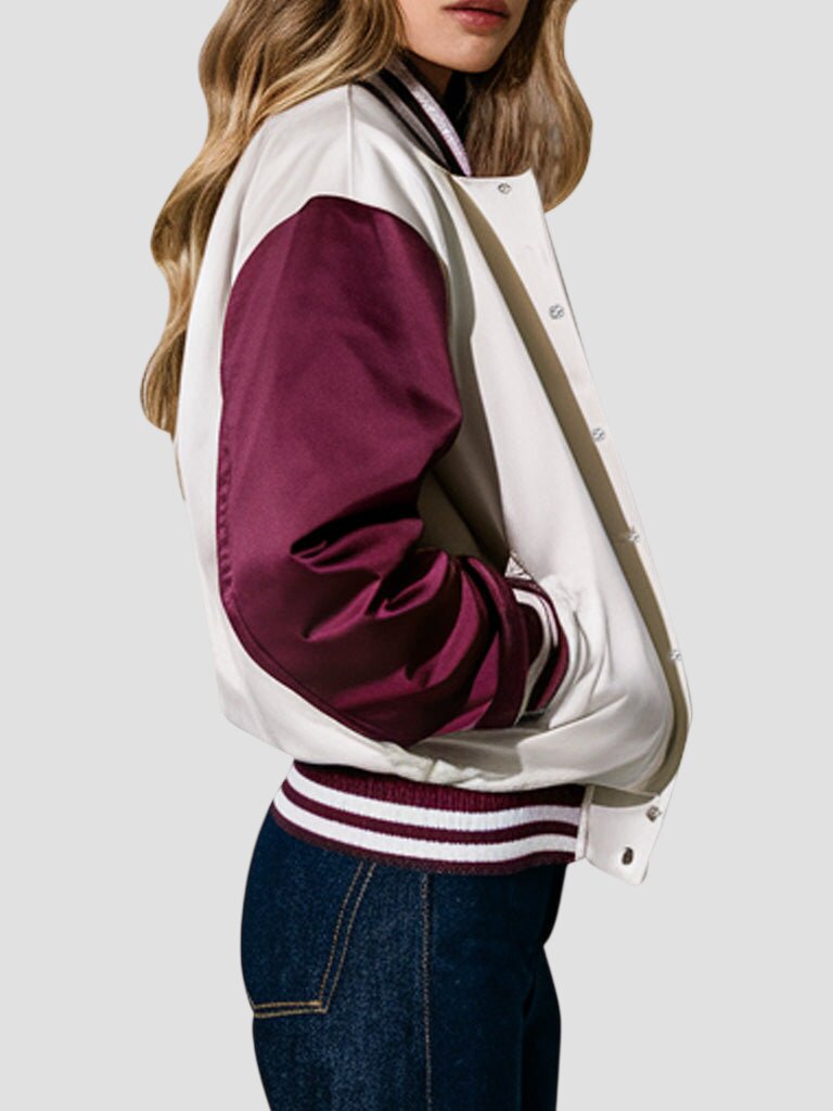 Women White and Burgundy Satin Varsity Jacket