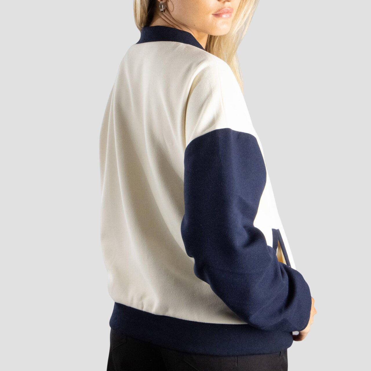 Women White and Navy Blue Varsity Jacket