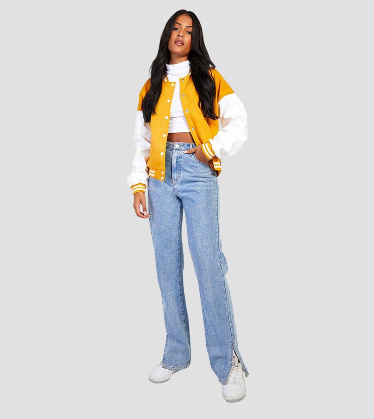 Women Yellow Varsity Jacket with White Leather Sleeves